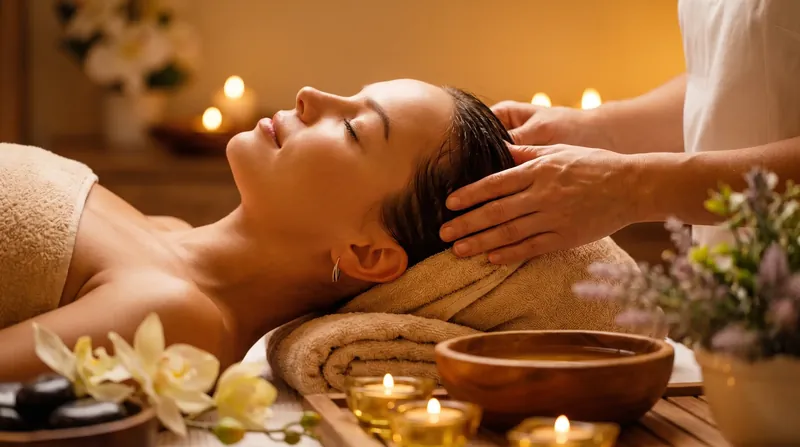 Woman relaxing during a scalp treatment surrounded by candles